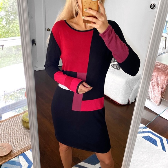 🟥 HEINE BLACK RED MULTI WOVEN LONG SLEEVE DRESS! - Picture 4 of 13